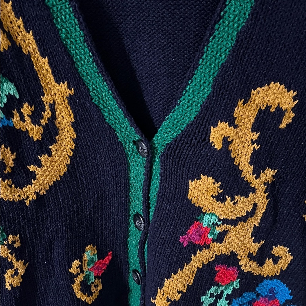 Vintage 80s Liz Claiborne Women’s Handknit Floral Cardigan: Cotton/Silk Large - Picture 3 of 6